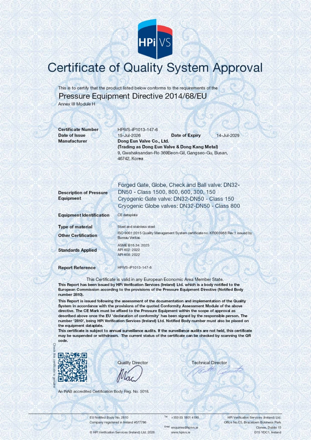CE PED Certificate