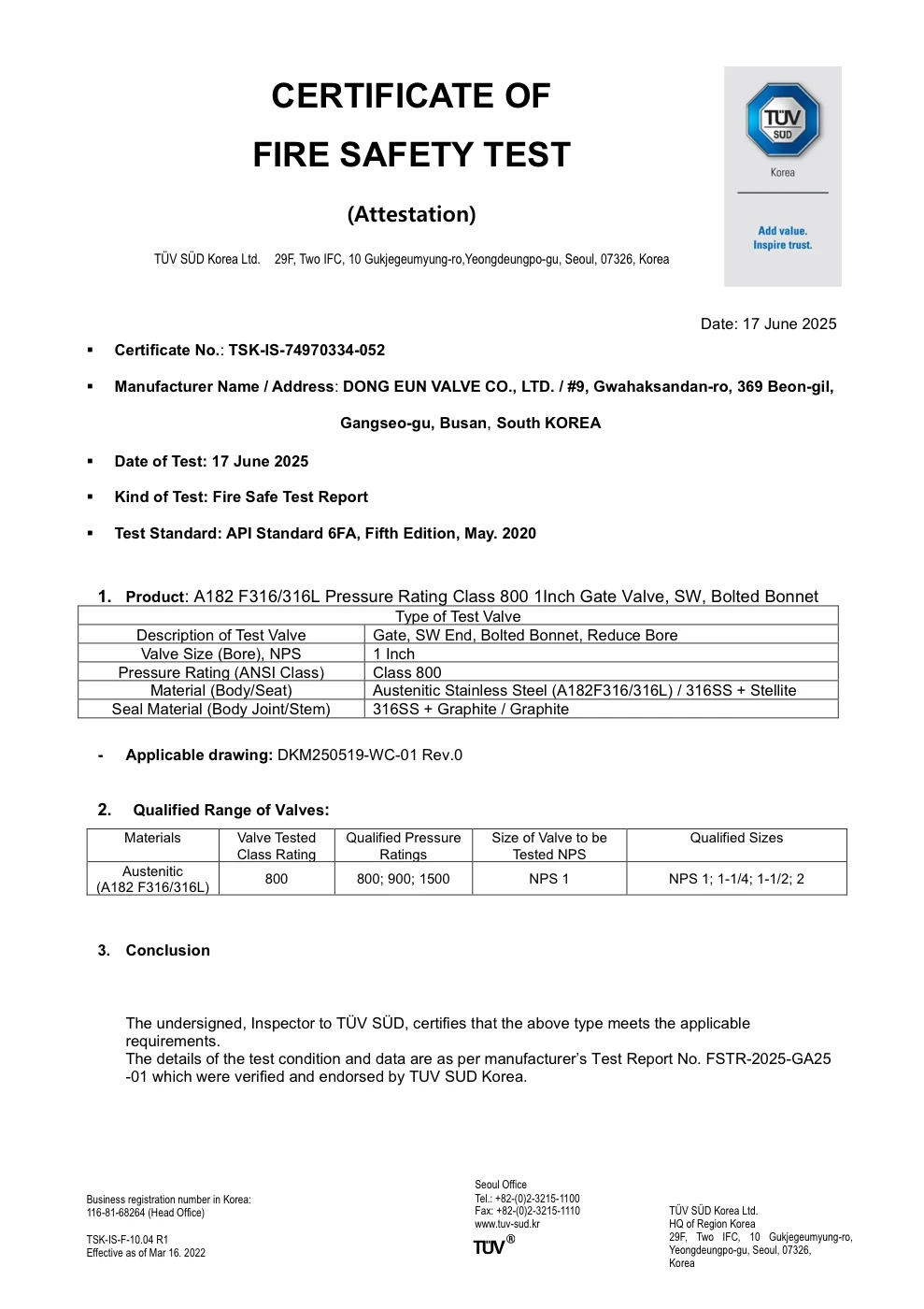 API 607 API 6FA Fire Safe Certificate